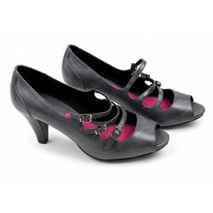 Gretta Vintage Y2K Gray Triple Strap Mary Jane Peep Toe Heels Women's Size 7M